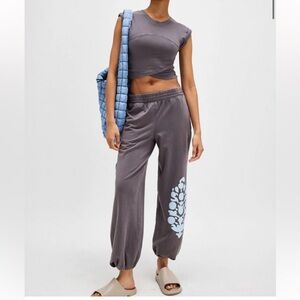 FP Movement by Free People Gray Joggers with Blue Floral Design
